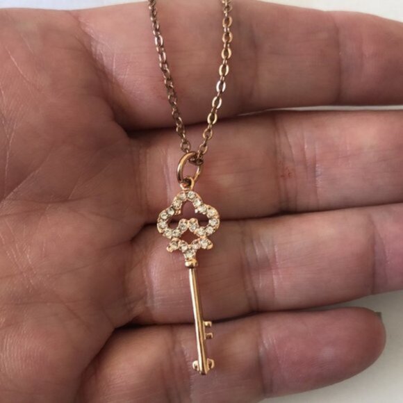 Rose Gold Plated Necklace w Key Charm Pendant  W Cubic Zirconia Stones - Picture 10 of 13